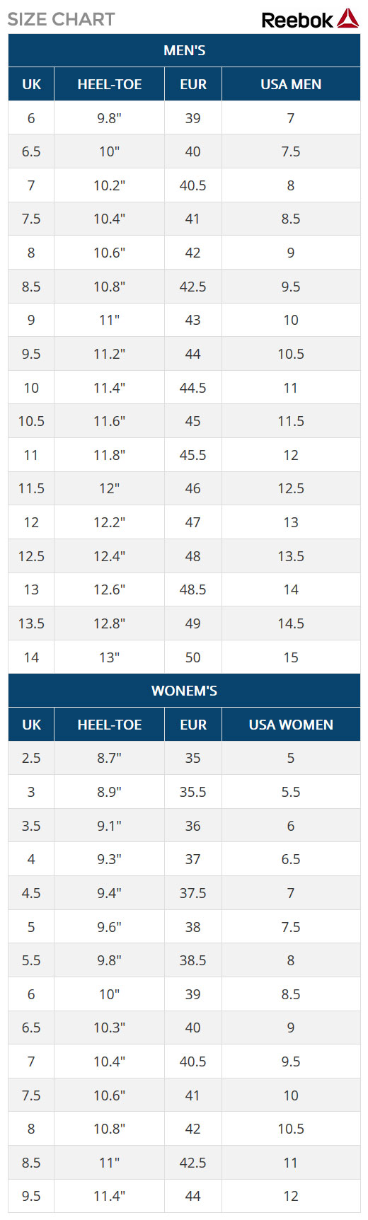 Reebok Shoe Size Conversion Chart